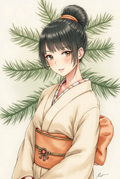  softly 、Finish in a light watercolor style 。 traditional Japanese portraits with soft brush touches and blur effects 、 the details of the background of the pine trees and kimono blend smoothly into 、 gives an elegant and warm impression 。 The color is a n...