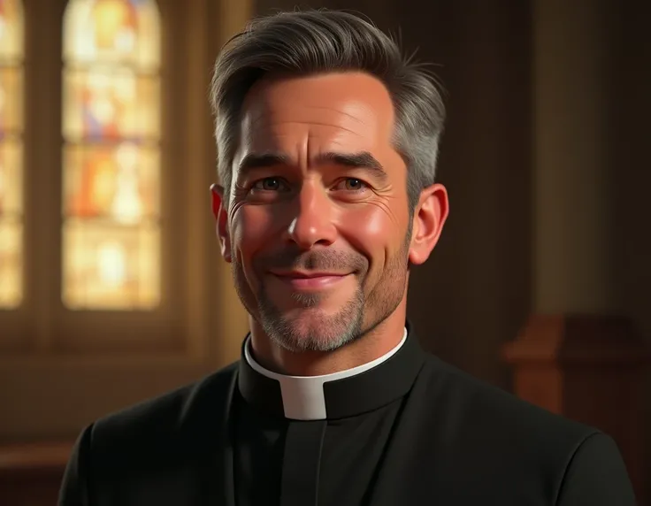 reate a realistic digital portrait of a modern-day Catholic priest, age around 50, with kind and approachable facial features. He has soft brown eyes, slight smile, and short well-kept hair. He is wearing a traditional black cassock with a white collar (cl...