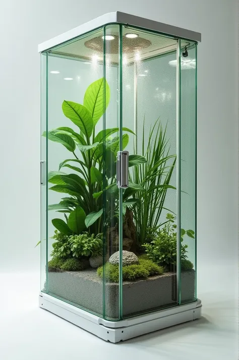  Create a terrarium with a base of 60 cm by 60 cm and a height of 35 cm .  The 35 cm lateral face will be composed  :  of a 12 cm plexiglass base ,  transparent and a mesh door with hinges on the left side and a mosquito net.  The right and left lateral fa...