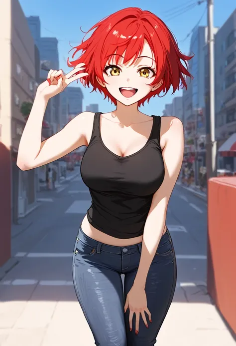 girl , red short hair , yellow eyes , black long tank top , jeans pants , atlético body , happy face , big