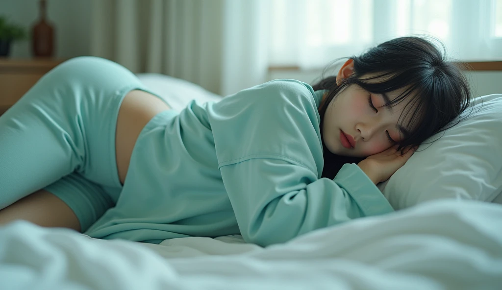 ((Masterpiece, top quality, high resolution, highly detailed CG unified 8K wallpaper)), Japanese girl, Stunning japanese girl, lying down in bed, (lying on white sheets, wearing oversized long sleeve shirt and tight turqoise pajama pants:1.2), 14-year-old,...