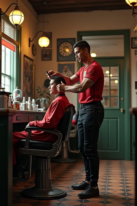 Generate a hyper realistic image of Cristiano Ronaldo wearing his team football jersey, skillfully cutting  a customers hair in a classic, vintage style barbershop. 