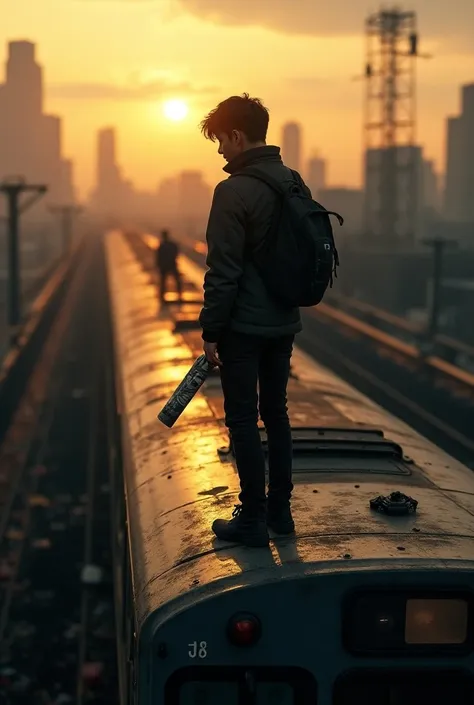 A guy Standing on top of Subway train holding spray paint with a cop at sunrise