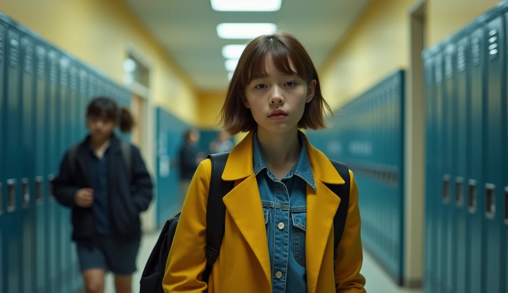 19 year old girl, Australian, yellow coat, wearing a denim jacket over it, light brown hair, tomboy style girl with short male hair, with a black backpack on her back. 19 year old girl in the school hallway going through her school locker. Canon EOS R with...