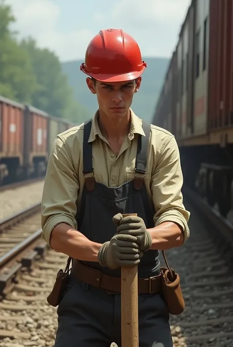 Skinny white man with red helmet written by Usiminas ,  picking up a wooden bar with gloves and a railway line in the background 