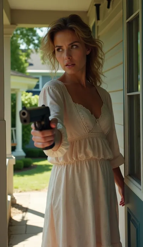  Creates a realistic photo image  , Ultra-detailed of a woman in sleepwear and with a plucked gun who comes to the door of a house to ask about her husband.