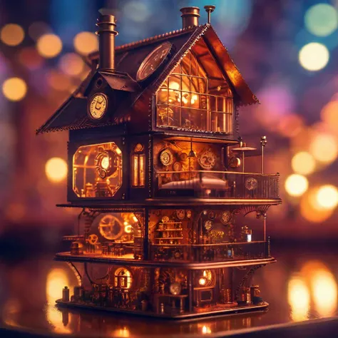 mini(ttp)  steampunk house,  very fine bokeh ,  reflections , miniature,  isometric , Cut in the center , Diagram