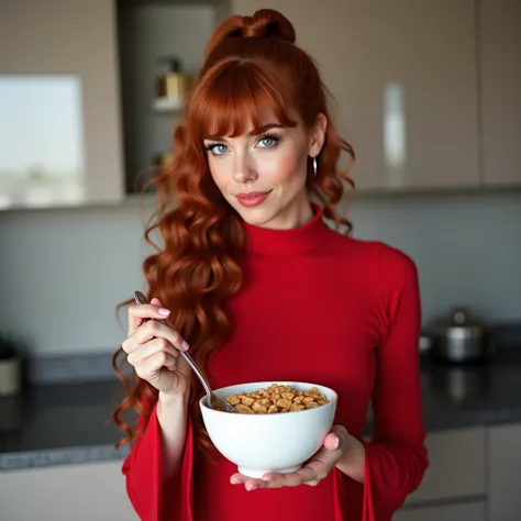  American Woman Ornella .Muti . Of the long curled red hair with natural blue eye bangs , delicate face,  slightly pink cheeks ,  medium false eyelash ,  natural reddish mouth ,  highlighter , defined body. in a modern kitchen.  is wearing a tight fitted r...