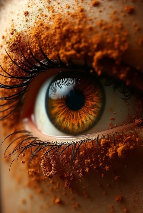 A deeply detailed human brown iris surrounded by an explosion of asymmetrical circular swirling powders. The iris, rich in color and intricate in texture, is the focal point of this mesmerizing image. The overall composition suggests a sense of movement an...