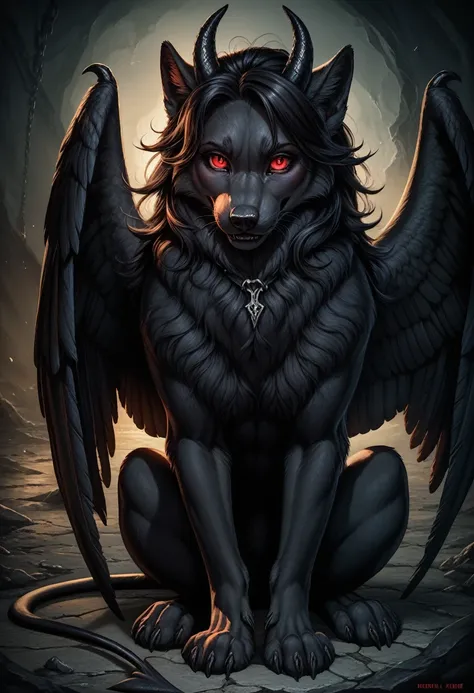 uploaded the e621, beautiful and detailed portrait of a female ((feral)) black demon wolf, kenket, Ross Tran,ruan jia, uploaded to e621, zaush, foxovh, cinematic lighting, seductive, black wings,feral, black wolf, red eyes, ((devil horns)), cute snout, bla...