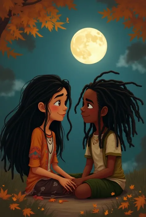 A Latina girl and a dreadhed boy
 under the moon during fall