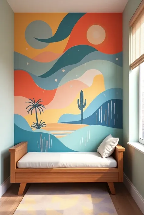  Create a mural for a nursing room ,  it should be a colorful mural ,  but it shouldnt contain mom or baby.  We want a unisex design ,  skater style . Without so many visual elements and a bit minimalist 