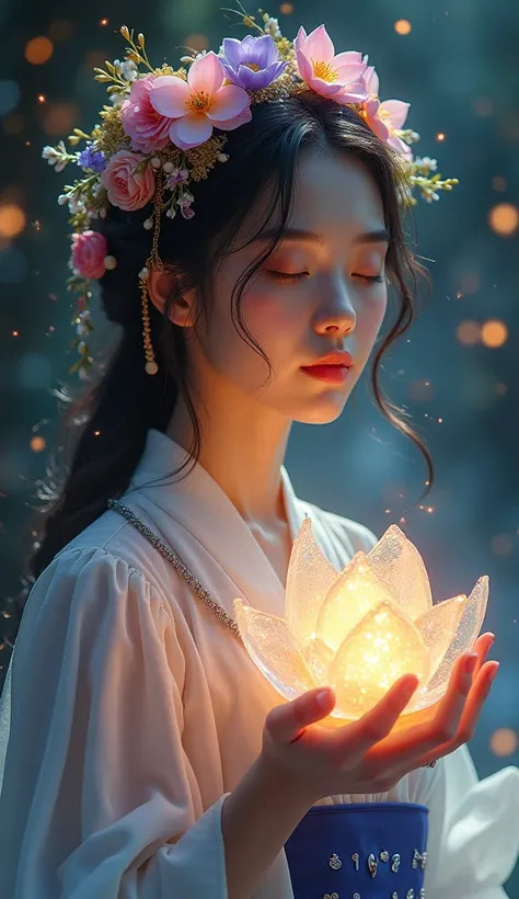 "A beautiful low angle full body sci-fi fantasy portrait of a sexy and charming so beautiful sexy young Japanese woman holding a shimmering crystal lotus in her hand. She meditates in a calm and gentle pose and wears a colorful floral crown adorned with ge...