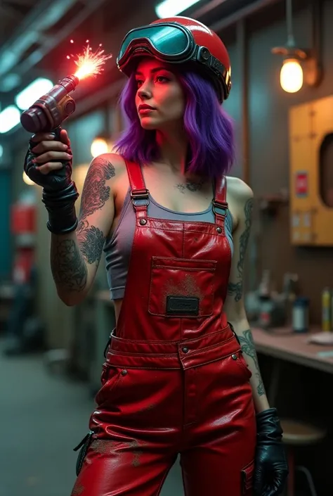 beautiful woman with purple hair dressed in futuristic red dirty patent leather mechanics overalls full of engine grease with laser torch in her hand, circuit tattoos on her arms, wearing a helmet and cybernetic-looking welding goggles, in a cyberpunk shel...