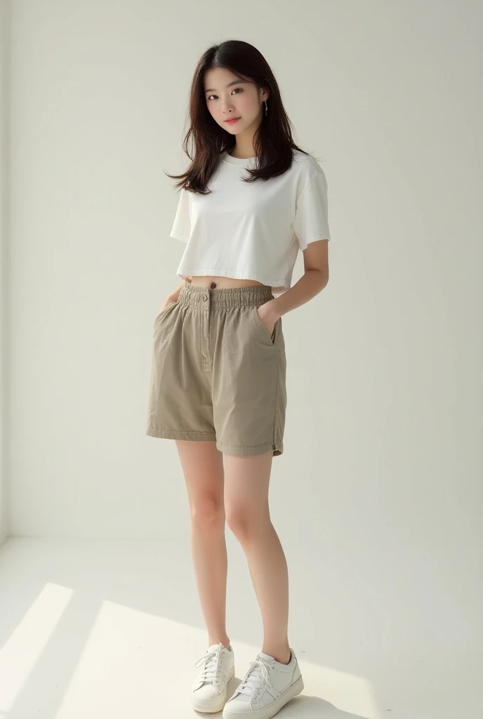 A  pretty korean girl wearing a baggy shorts withcrop with new white shoes with dark brown hair 