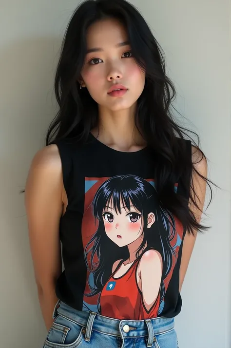 "A highly detailed, ultra HD image of a beautiful American woman with long black hair. She is wearing a sleeveless black T-shirt with an anime character print on it, paired with blue jeans. Her arms are positioned behind her back, and she is standing still...