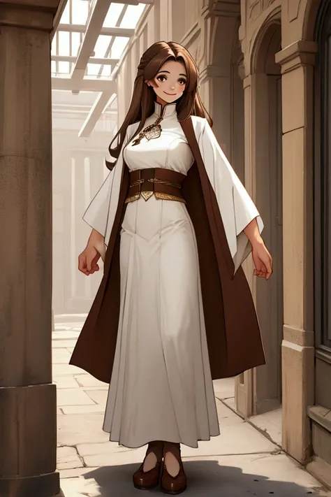 Do a brown-haired girl,  brown eyes, thin,  with a white garment , smiling, full body.