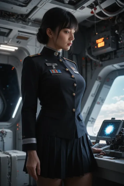 (highest resolution, distinct_image), best quality, masterpiece, highly detailed, semi realistic, a woman with short black hair, mature woman, triple bangs, black uniform, black pleated skirt, military uniform, spaceship space, control room, commander