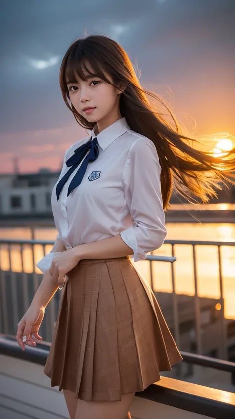 a beautiful detailed portrait of a young and cute japanese girl in a school uniform on the rooftop during sunset, with long flowing hair blowing in the wind, her skirt slightly lifted by the breeze, she has a small smile on her glossy lips, big brown eyes ...