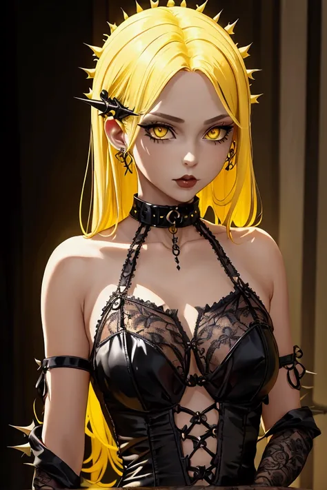 girl, Gothic clothing yellow , sexy, Sensual,  bracelet with thorns, collar, in shape,  hottie, sexy,  yellow hair , yellow eyes, light and shadow