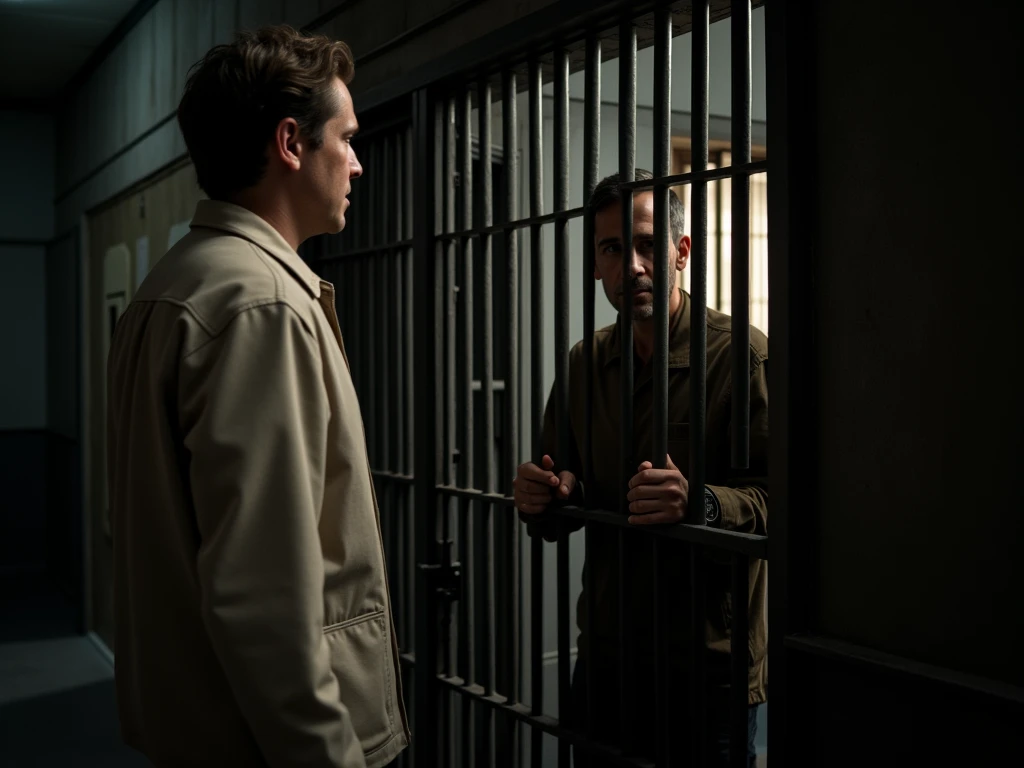  In a farewell scene in prison , the butler, Now liberto ,  is leaving with an expression of relief and happiness ,  while José remains in his cell ,  observing him with a mixture of hope and sadness .  Josés cell remains dark ,  and he holds the bars with...