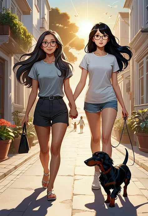 Two women holding hands tenderly, happy and in love and a long-haired grey and black Dachshund dog, walking with them.
A tender and sweet 22-year-old British girl, with long light brown hair, wearing a miniskirt and a light-colored t-shirt. And the other g...