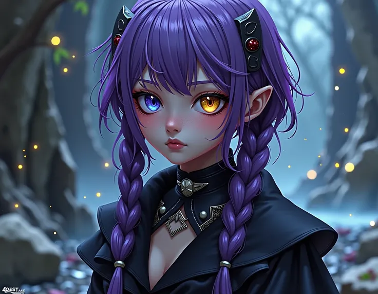  masterpiece ,  saturated with details with a yellow eye and a blue eye long legs thin thighs, elementary school girl body,  full lips ,  heavy clothes like that of a Valkyrie , sexy short hair, with two long thin braids ,  purple hair 