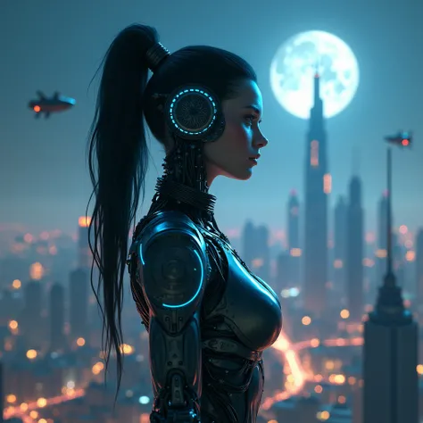 3d art style of a Cyborg woman standing side view in front of a city skyline at night time with full moon