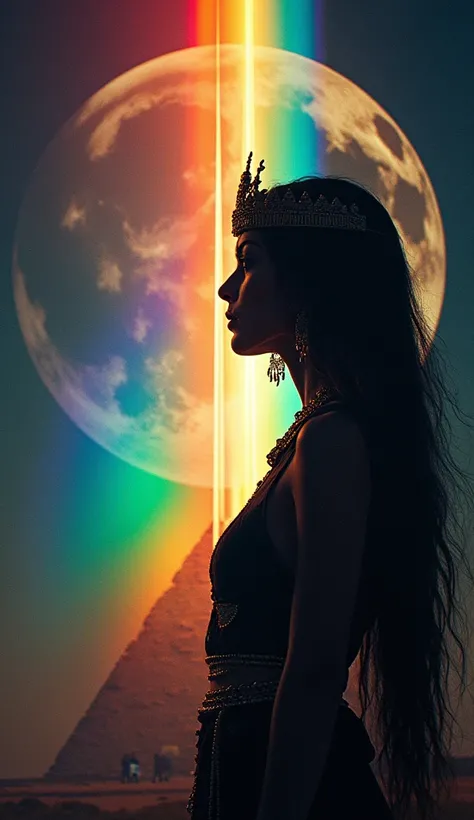 
**Create a captivating album cover featuring a close-up of a mysterious female silhouette. A radiant light ray cascades onto a pyramid prism, pyramids of Giza, Cleopatra Queen of Egypt, Standing tall, refracting into vibrant rainbow colors against a backd...