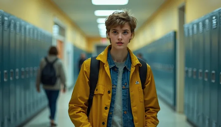 19 year old Australian boy, yellow coat, wearing a denim jacket over it, light brown hair, tomboy style boy with very short masculine hair, with a black backpack on his back. 19 year old boy in the school hallway going through the school locker. Canon EOS ...