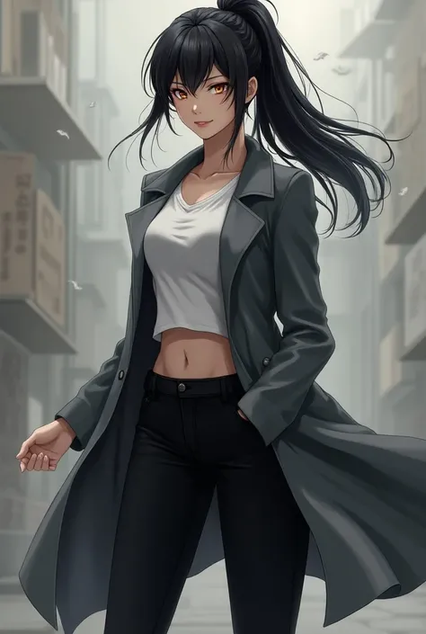 Make a female character ,  pants with long black ponytail hair, with amber eyes, wearing a gray coat and black pants in anime