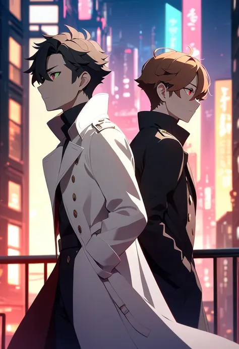 Handsome, adult, duo, 2 male, spoon art style; (left male: short hair, black hair,  red piercing eyes, white shirt, black coat); (right male: short hair, brown hair and light brown colour hair, green piercing eyes, black shirt, white coat); standing on top...