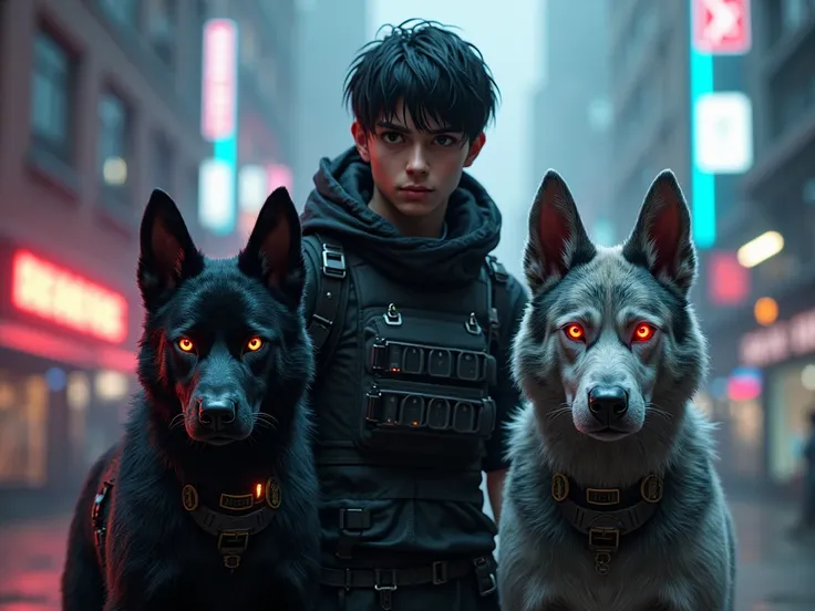   He is a young hacker with a determined and bold expression .  He has short dark hair and bright eyes , Determined.  Cassius is dressed in a stylish ,  functional cyberpunk clothing ,  combining elements of bulletproof vest and street fashion .  He has a ...