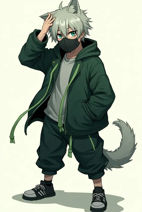 Manga-style full body image, of a man,  half human male and half feline male,  with light gray and short hair, with light green highlights , green eyes, common physical bearing , with a calm, morbidly looking face ,  wearing a mask that covers his nose , m...