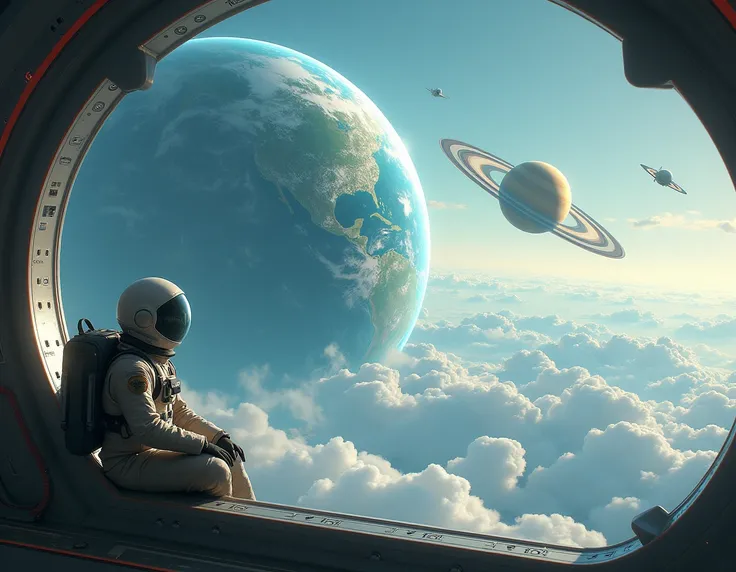  Planet Earth seen from above ,  being observed by an astronaut sitting in a floating city , do lado de fora,  but , In the background add Saturn ,  and two aircraft competing in the sky in the characters view