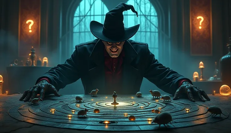  fantastic vision of a tabletop role-playing game where the master DJ is seen as a supervillain and the players as tiny people or mice.  supervillain laughing maliciously about a maze . The villain is half hidden in shadows that do not show his face well, ...