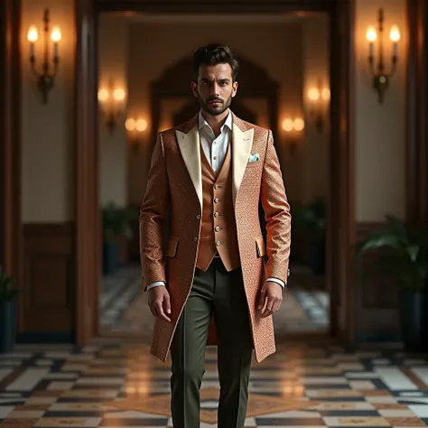 premium jodhpuri jacket hanging in the air between the hall and also a man standing with wearing same suit both in one image. Both the Photos are side by side.