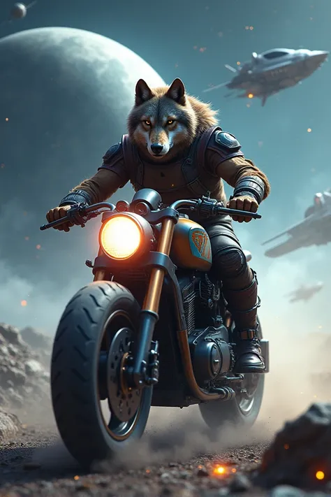 wolf on a motorcycle in outer space.  spaceships . planets. Clothing only.