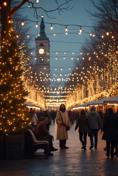  Detailed image of the following situation :  a square all decorated for Christmas . Many people walking .  A bench right in the center of the square .  People talking and in a corner ,  but in a prominent position ,  Jesus is watching what people are doin...