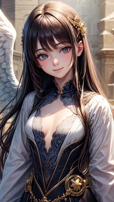  highly detailed CG Unity 8K wallpaper, かわいいOne personの女の子, ２7 year old brown haired girl, beautiful girl, Hot Maiden,  white skin (super masterpiece, Beautiful person, Well detailed face polluted smile, Realistic,  surreal), 、Angel wings on the back、Angel...