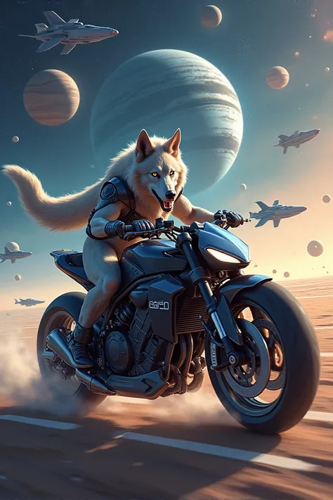 wolf on a motorcycle in outer space.  spaceships . planets. 