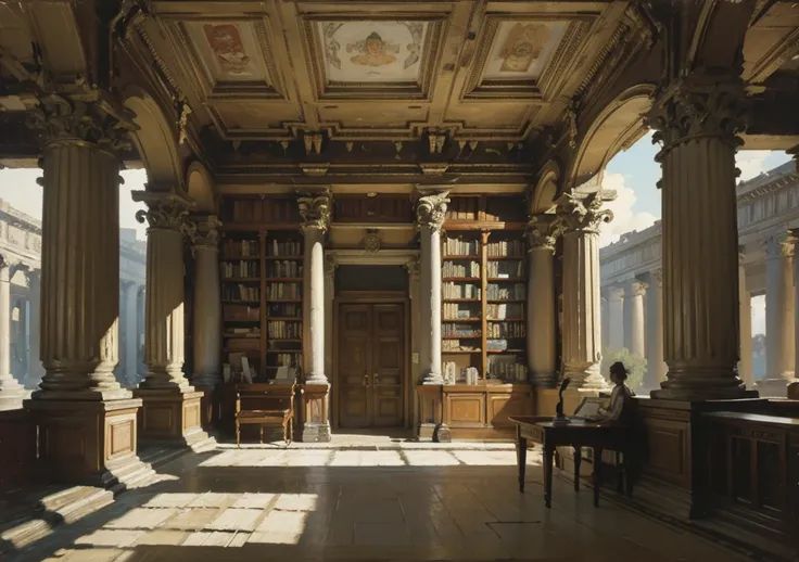 A retro arcade-style image with a classical learning vibe, showcasing a library filled with old books and scrolls. A hint of a dystopian feel, with sepia or neutral tones, suggesting a connection to Orwells 1984. Elements like Corinthian columns or ancient...