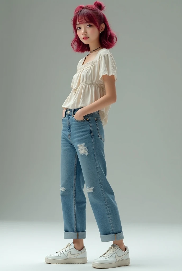 A  korean girl wearing a frock top with jean with  nike shoes with plum red hair with halp up hair
