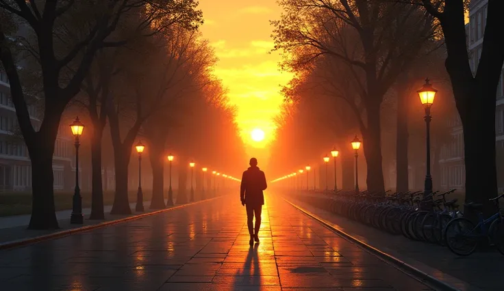 "A long boulevard with flickering street lamps and parked bicycles, where the figure walks while observing the world around. The setting sun casts a golden hue, adding warmth to the melancholic scenery."

