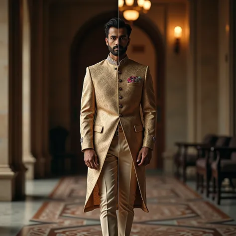 premium jodhpuri jacket hanging in the air between the hall and also a man standing with wearing same suit both in one image. Both the Photos are side by side.