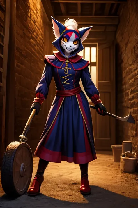 1girl, furry, anime, a furry girl in green and black jester clothes, jester makeup, amber eyes, evil smile, holding mowing scythe, medieval jester clothes, detailed basement background
