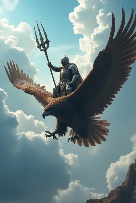 Knight holding a trident riding an eagle
