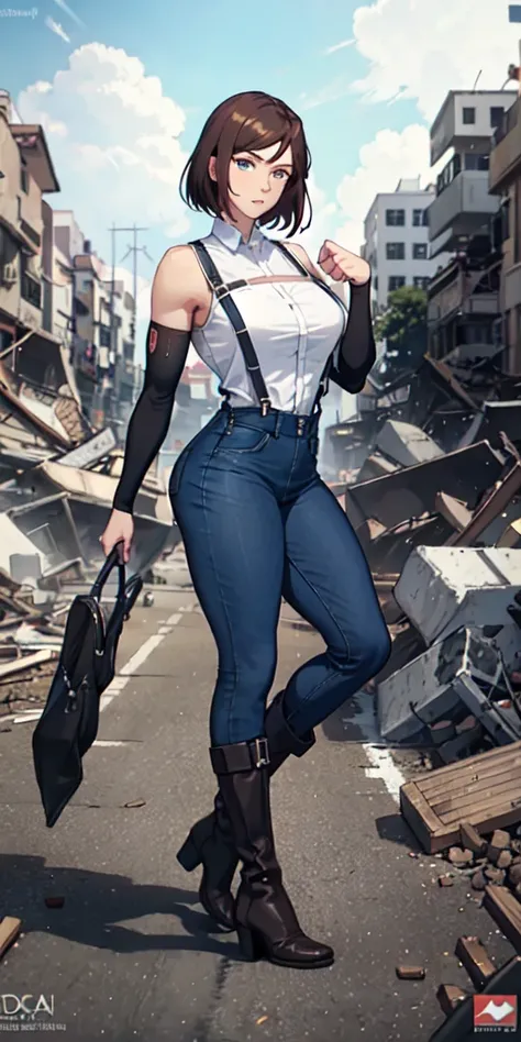 An adult woman, tall and with a ((large physique1.5)), a ((bodybuilder:1.0)), is wearing pants and a blouse with the sleeve rolled up to her shoulder. She is wearing suspenders and boots. In her hand, she holds a large piece of wood. Posing in an attacking...