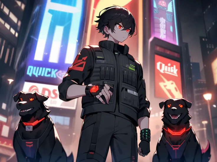   He is a young hacker with a determined and bold expression .  He has short dark hair and bright eyes , Determined.  Cassius is dressed in a stylish ,  functional cyberpunk clothing ,  combining elements of bulletproof vest and street fashion .  He has a ...