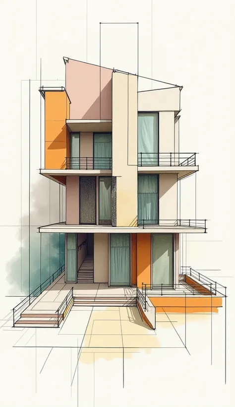 Create a hand-drawn architectural sketch. Use a mix of soft pastel colors for zones and make sure labels are clear and legible